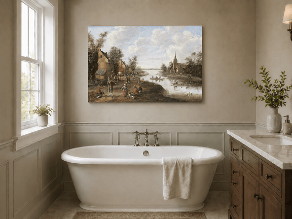 Hand-painted Riverside Village with Church and Boats landscape oil painting displayed as wall art in a styled interior