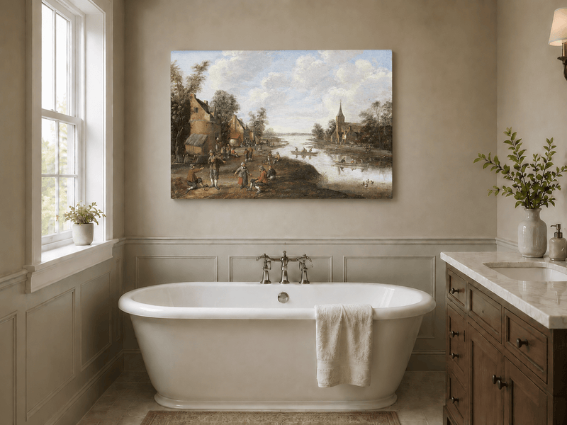 Hand-painted Riverside Village with Church and Boats landscape oil painting displayed as wall art in a styled interior