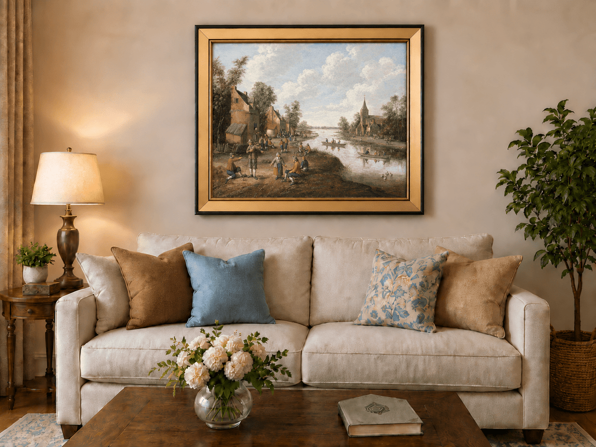 Hand-painted Riverside Village with Church and Boats landscape oil painting displayed as wall art in a styled interior