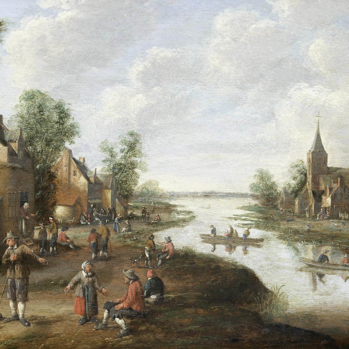 Hand-painted riverside village with church and boats landscape oil painting on canvas