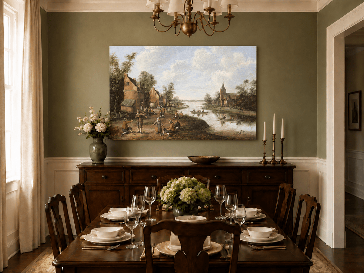 Hand-painted Riverside Village with Church and Boats landscape oil painting displayed as wall art in a styled interior