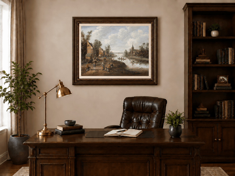 Hand-painted Riverside Village with Church and Boats landscape oil painting displayed as wall art in a styled interior