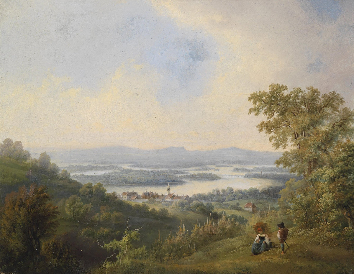 Landscape Oil Painting - Riverside Village with Country Travelers