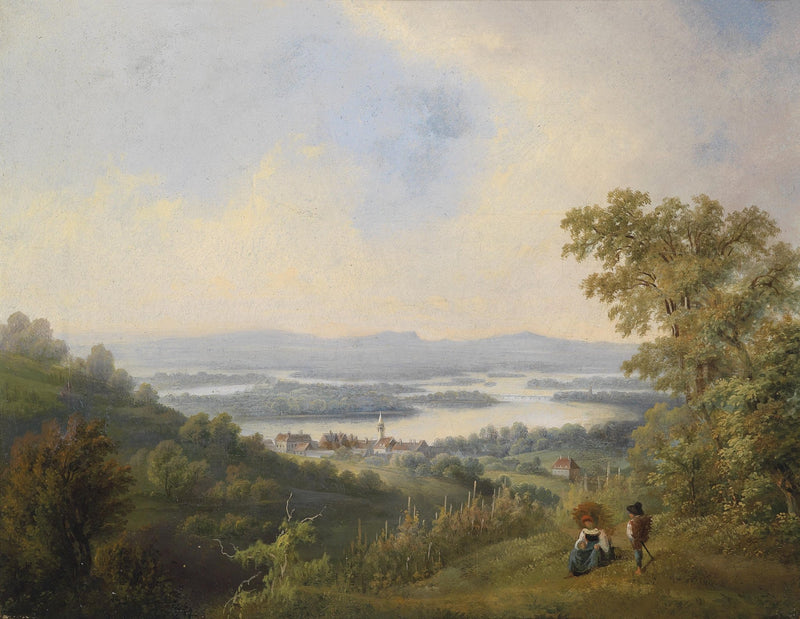 Ölgemälde Landschaft – Dorf am Fluss mit Landreisenden