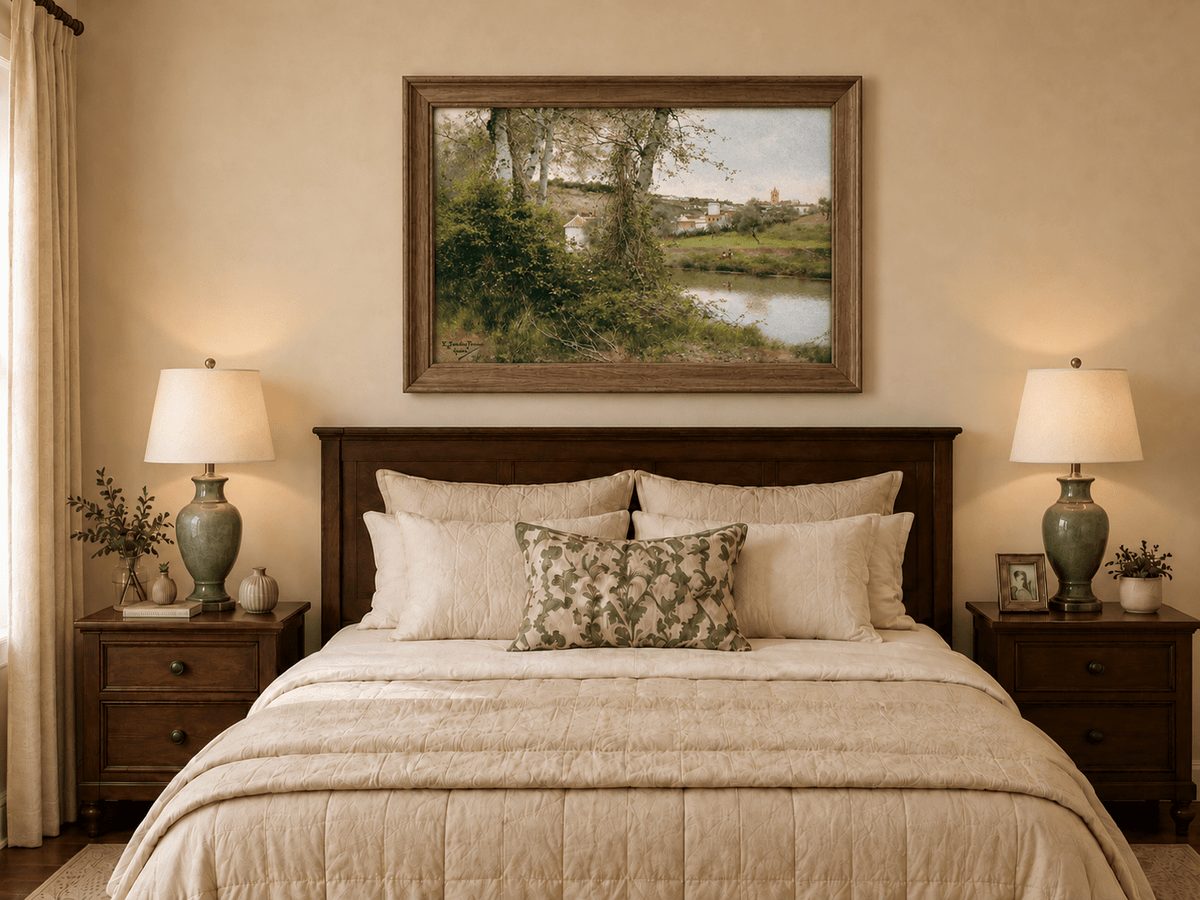 Landscape Oil Painting - Riverside Village with Trees and Figures