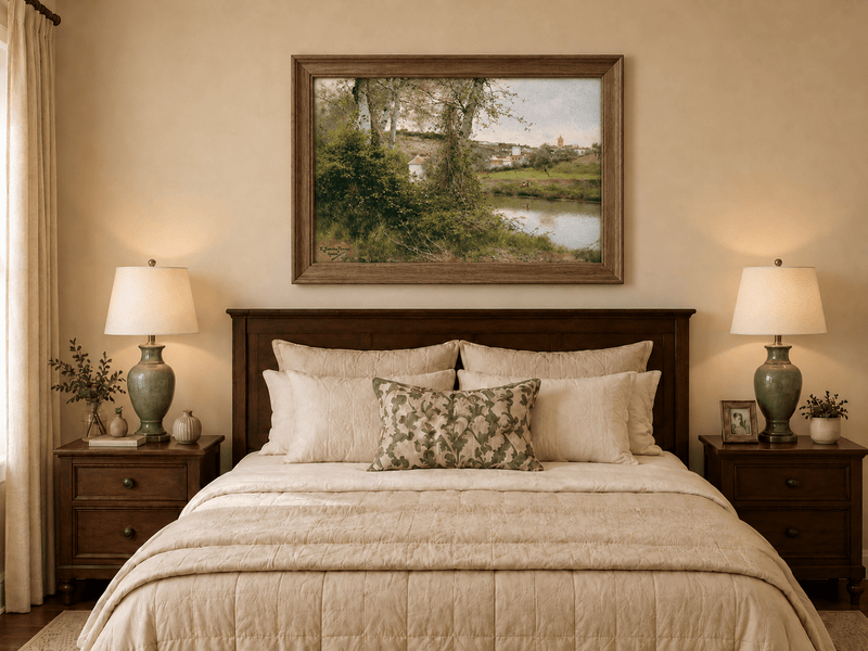 Landscape Oil Painting - Riverside Village with Trees and Figures