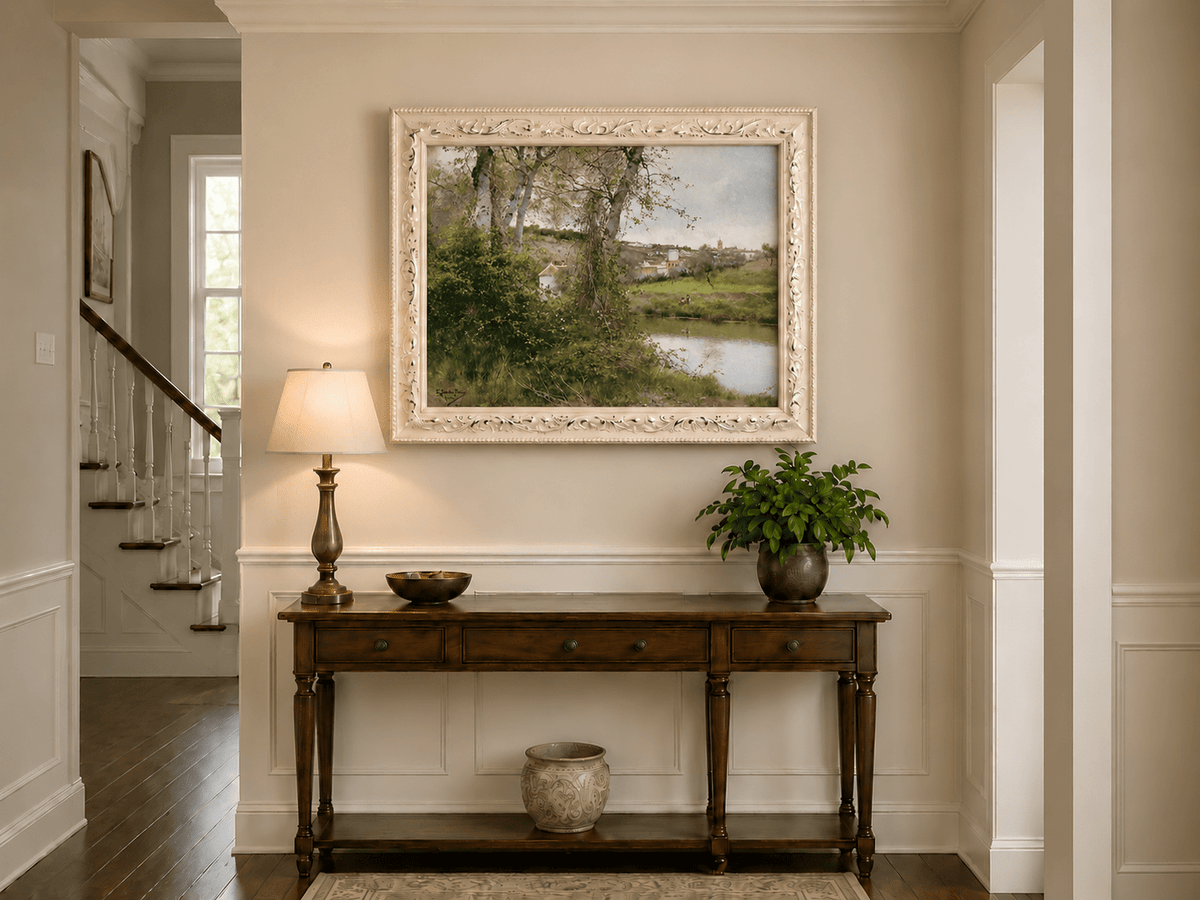 Landscape Oil Painting - Riverside Village with Trees and Figures