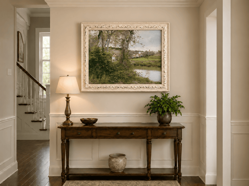 Landscape Oil Painting - Riverside Village with Trees and Figures