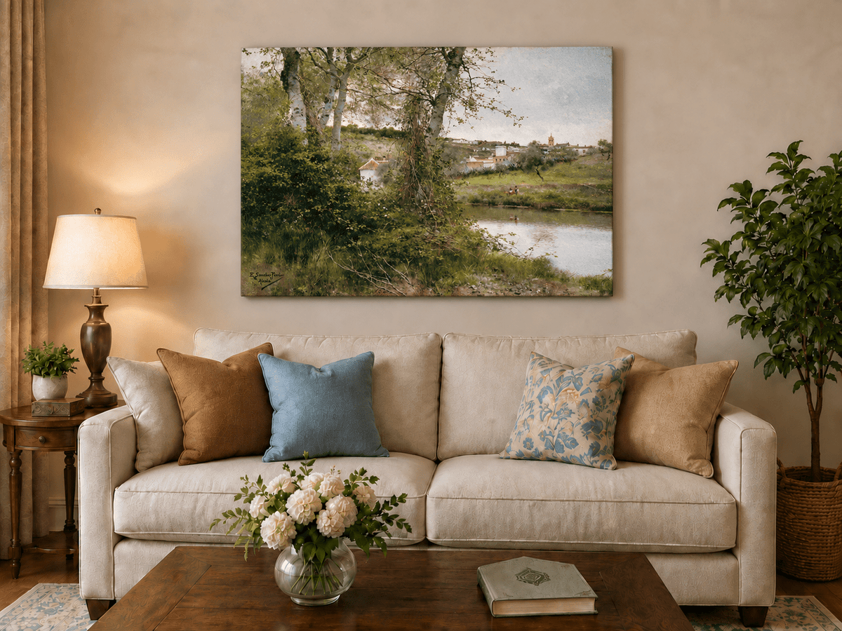 Landscape Oil Painting - Riverside Village with Trees and Figures
