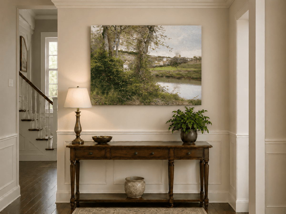 Landscape Oil Painting - Riverside Village with Trees and Figures