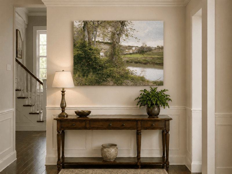 Landscape Oil Painting - Riverside Village with Trees and Figures