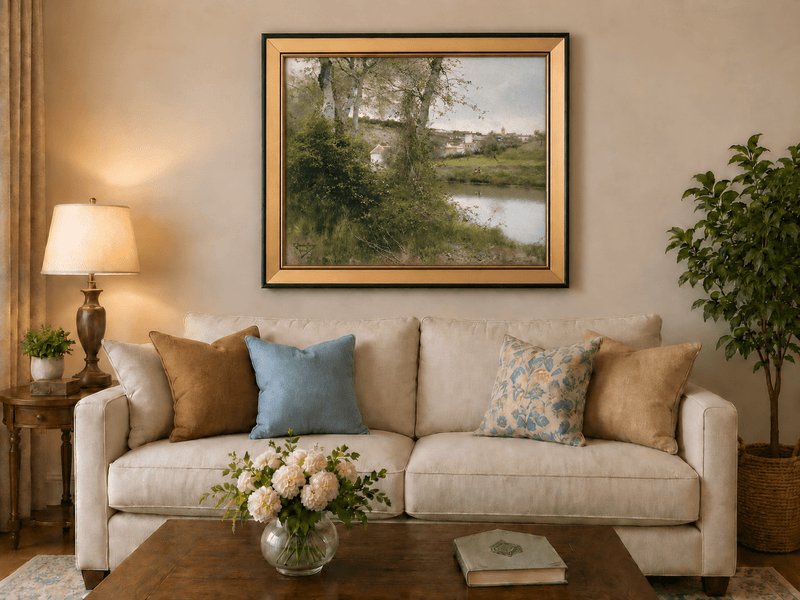 Landscape Oil Painting - Riverside Village with Trees and Figures