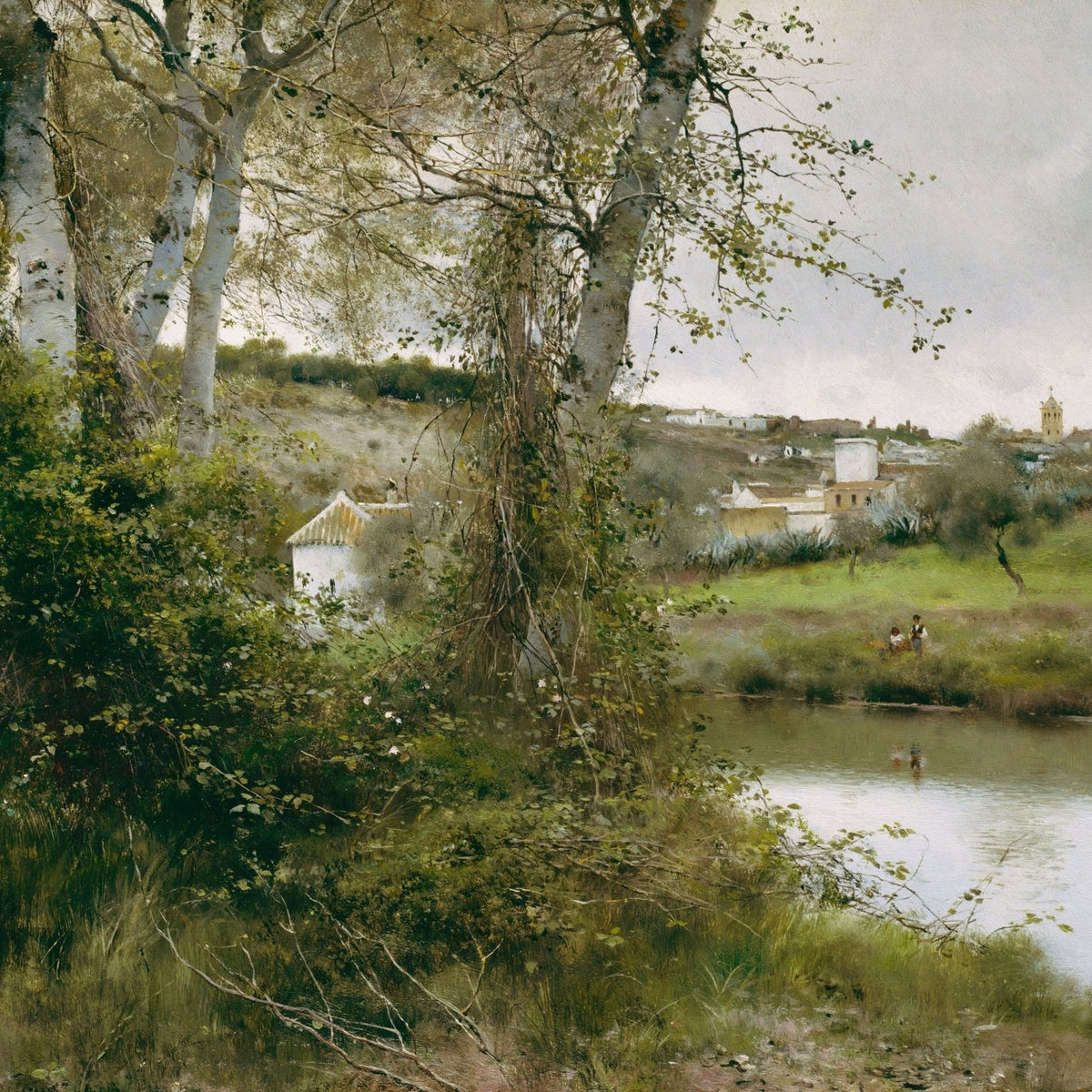 Landscape Oil Painting - Riverside Village with Trees and Figures - Oil Painting Haven