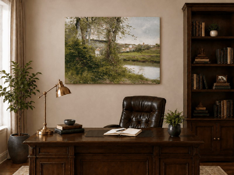 Landscape Oil Painting - Riverside Village with Trees and Figures