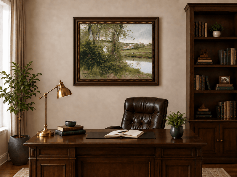Landscape Oil Painting - Riverside Village with Trees and Figures