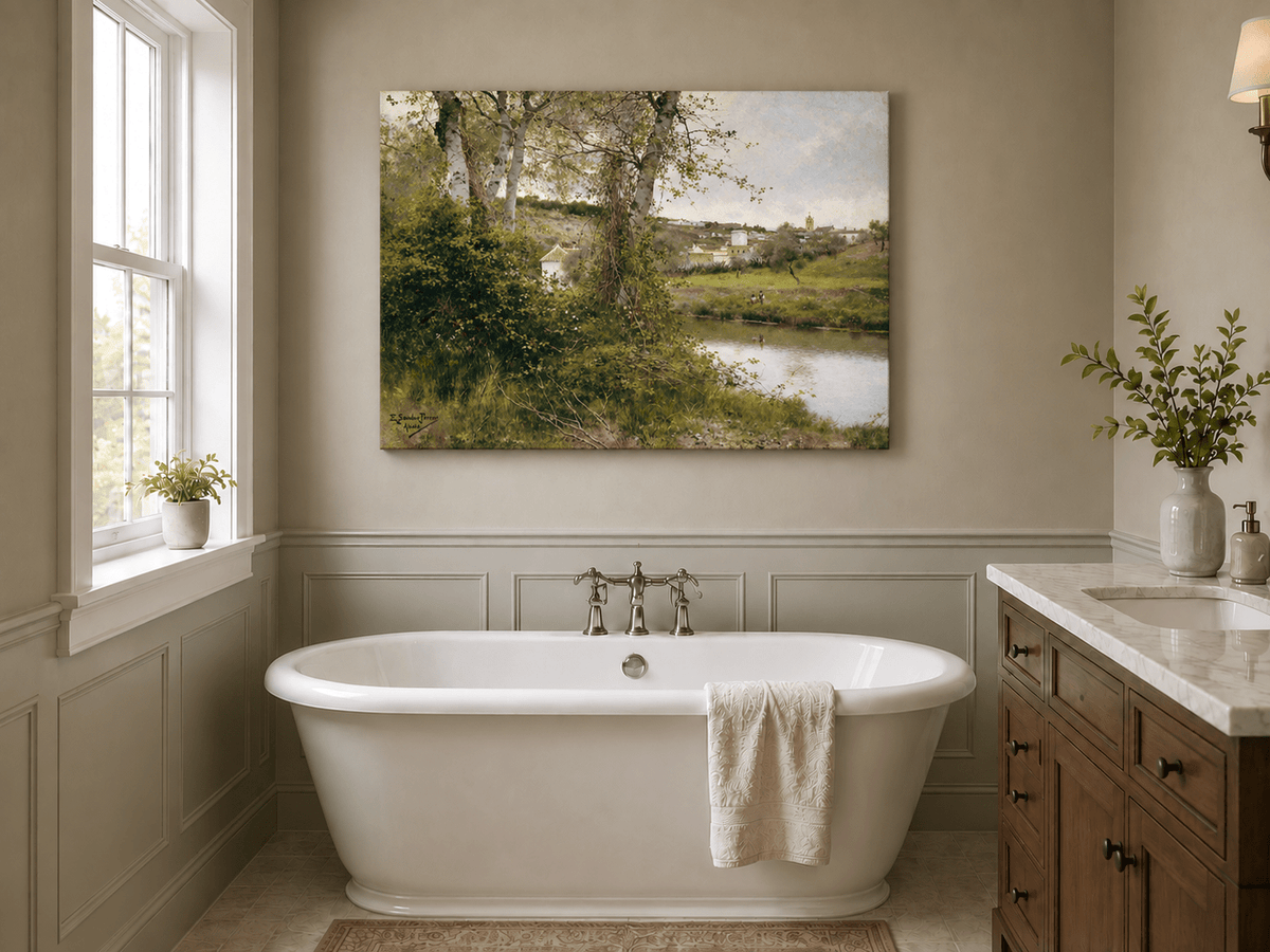 Landscape Oil Painting - Riverside Village with Trees and Figures