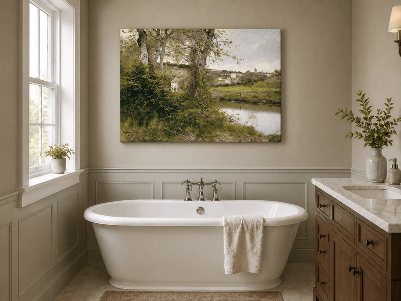 Landscape Oil Painting - Riverside Village with Trees and Figures
