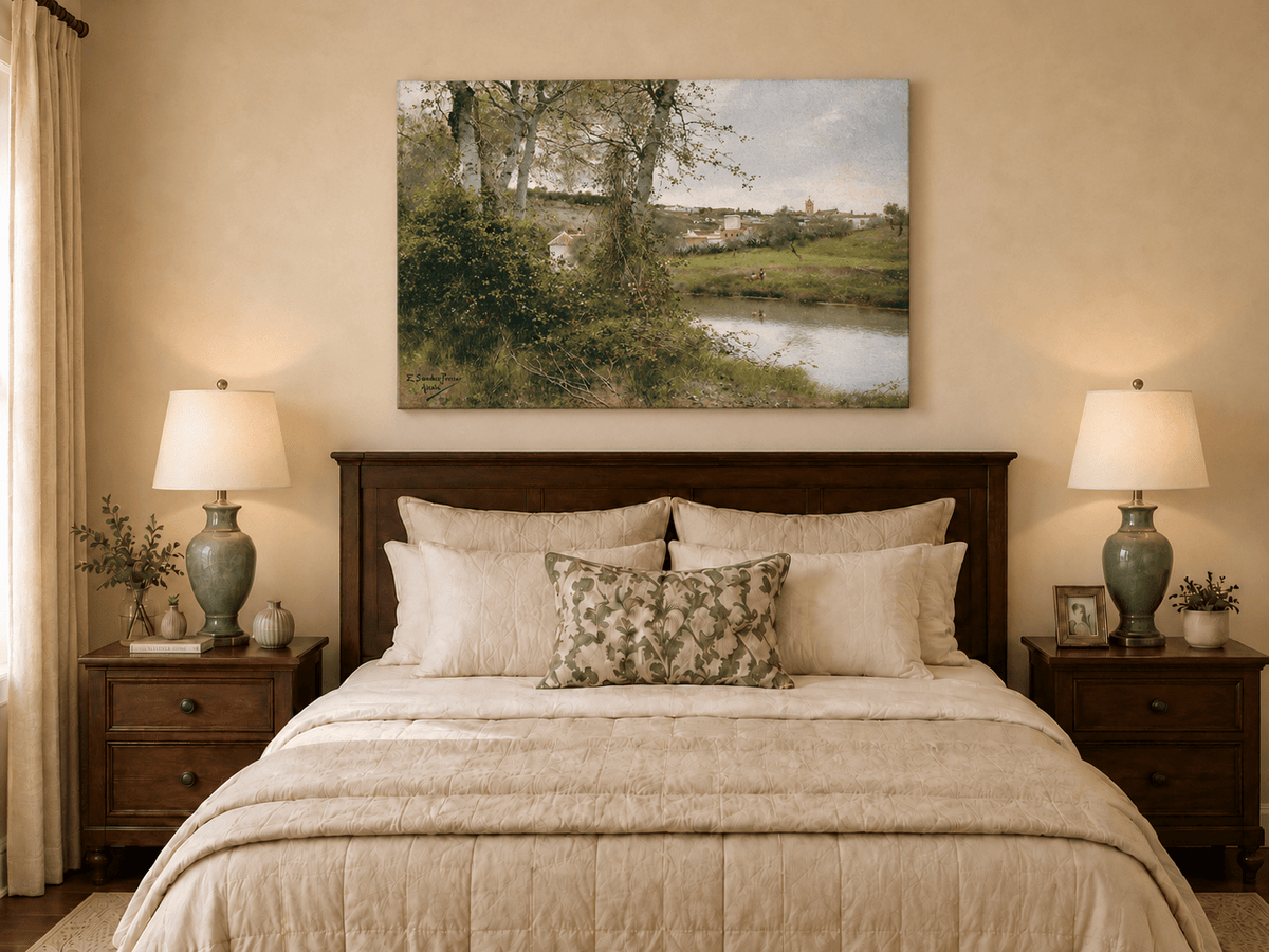 Landscape Oil Painting - Riverside Village with Trees and Figures
