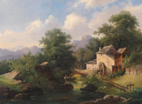 Landscape Oil Painting - Riverside Water Mill, Angler, Stone Bridge - Oil Painting Haven