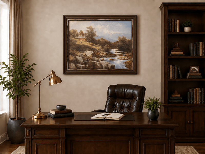 Landscape Oil Painting - Riverside Waterfall Cabin