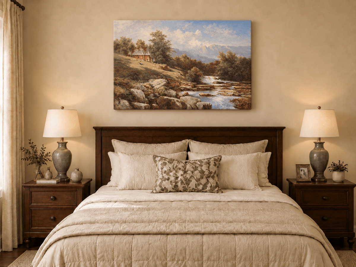 Landscape Oil Painting - Riverside Waterfall Cabin