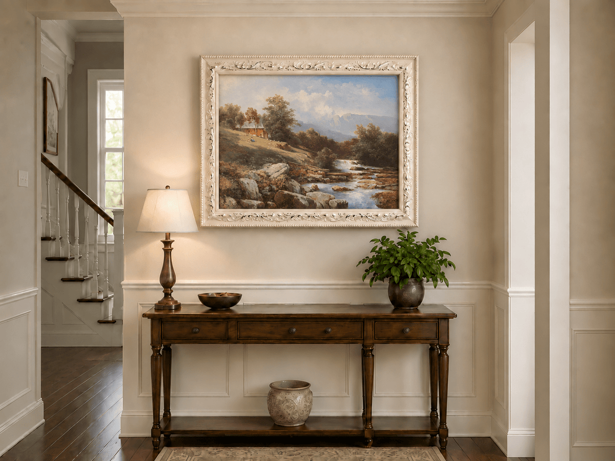 Landscape Oil Painting - Riverside Waterfall Cabin