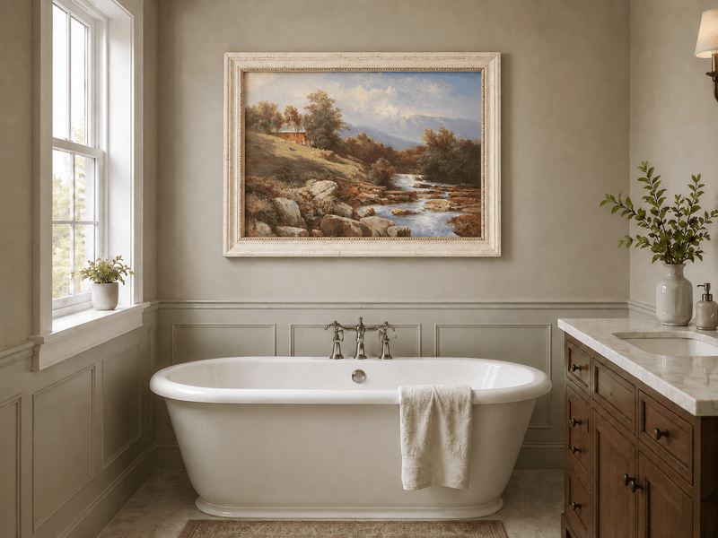 Landscape Oil Painting - Riverside Waterfall Cabin