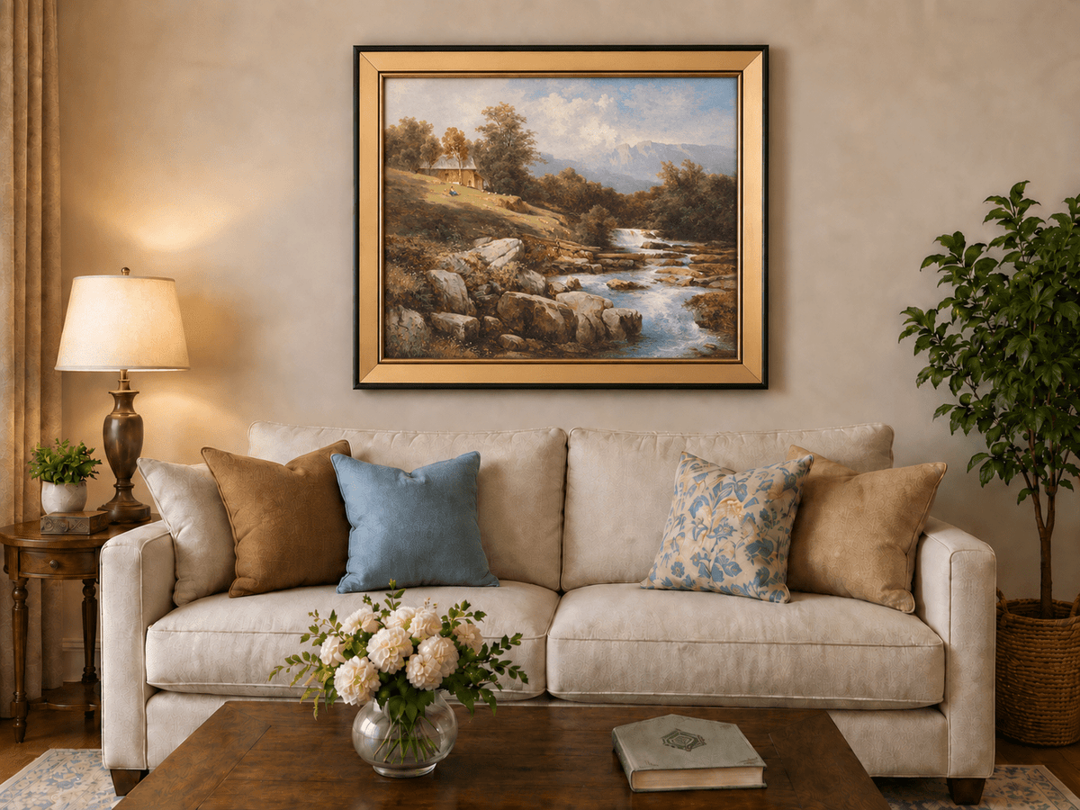 Landscape Oil Painting - Riverside Waterfall Cabin