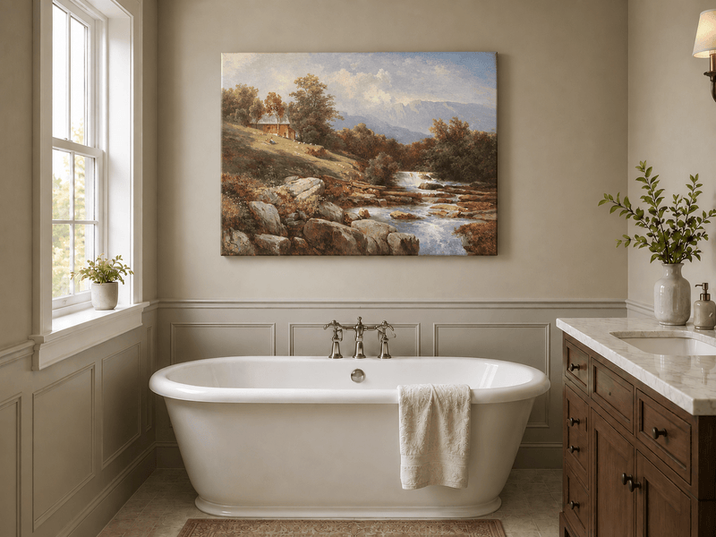 Landscape Oil Painting - Riverside Waterfall Cabin