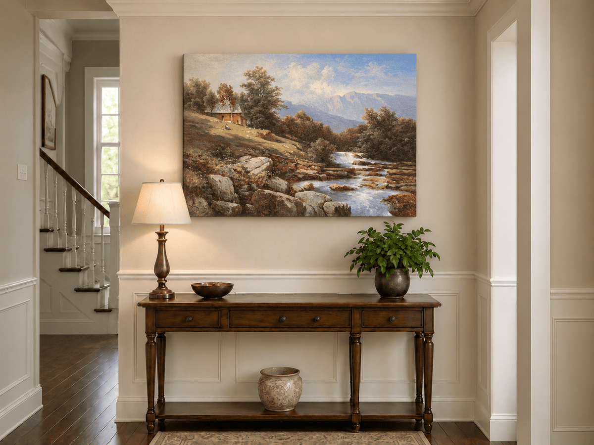 Landscape Oil Painting - Riverside Waterfall Cabin