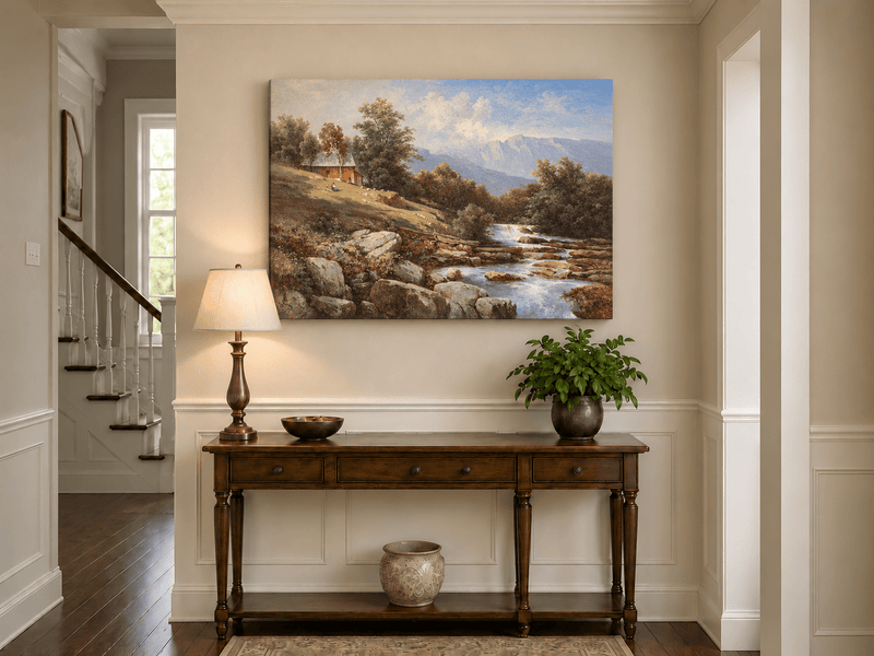 Landscape Oil Painting - Riverside Waterfall Cabin