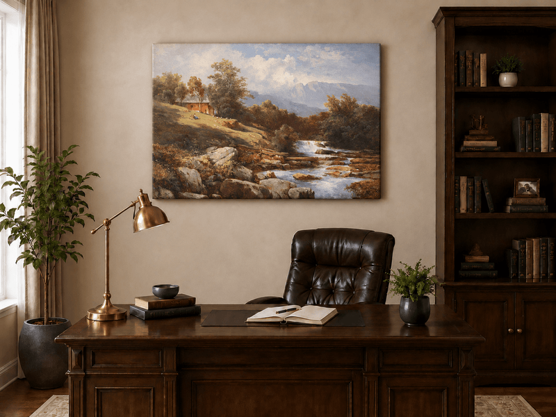 Landscape Oil Painting - Riverside Waterfall Cabin
