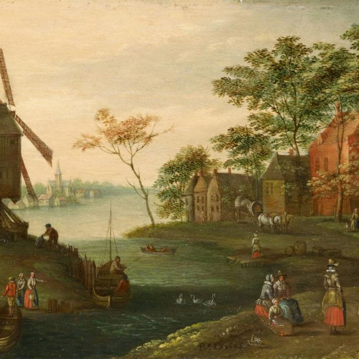 Landscape Oil Painting - Riverside Windmill Village Scene - Oil Painting Haven