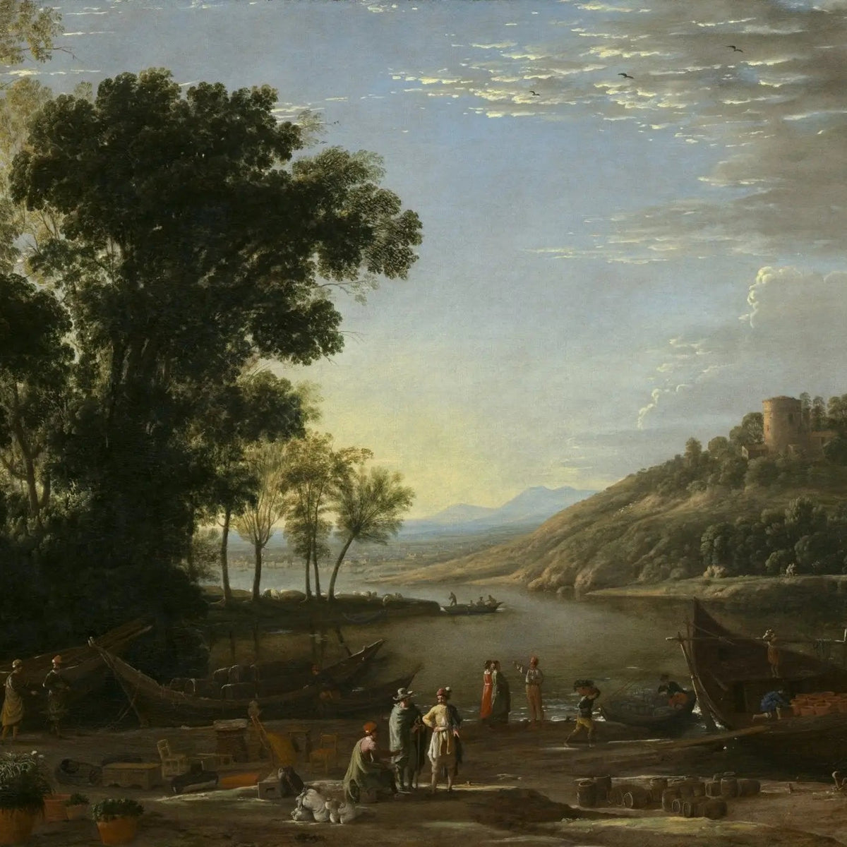 Landscape Oil Painting - Riverside with Boats and Figures Wall Art - Oil Painting Haven