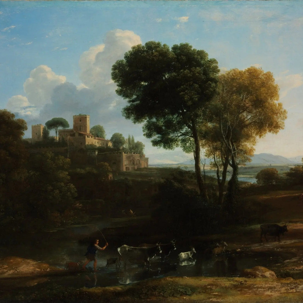 Landscape Oil Painting - Riverside with Castle and Cattle Wall Art - Oil Painting Haven