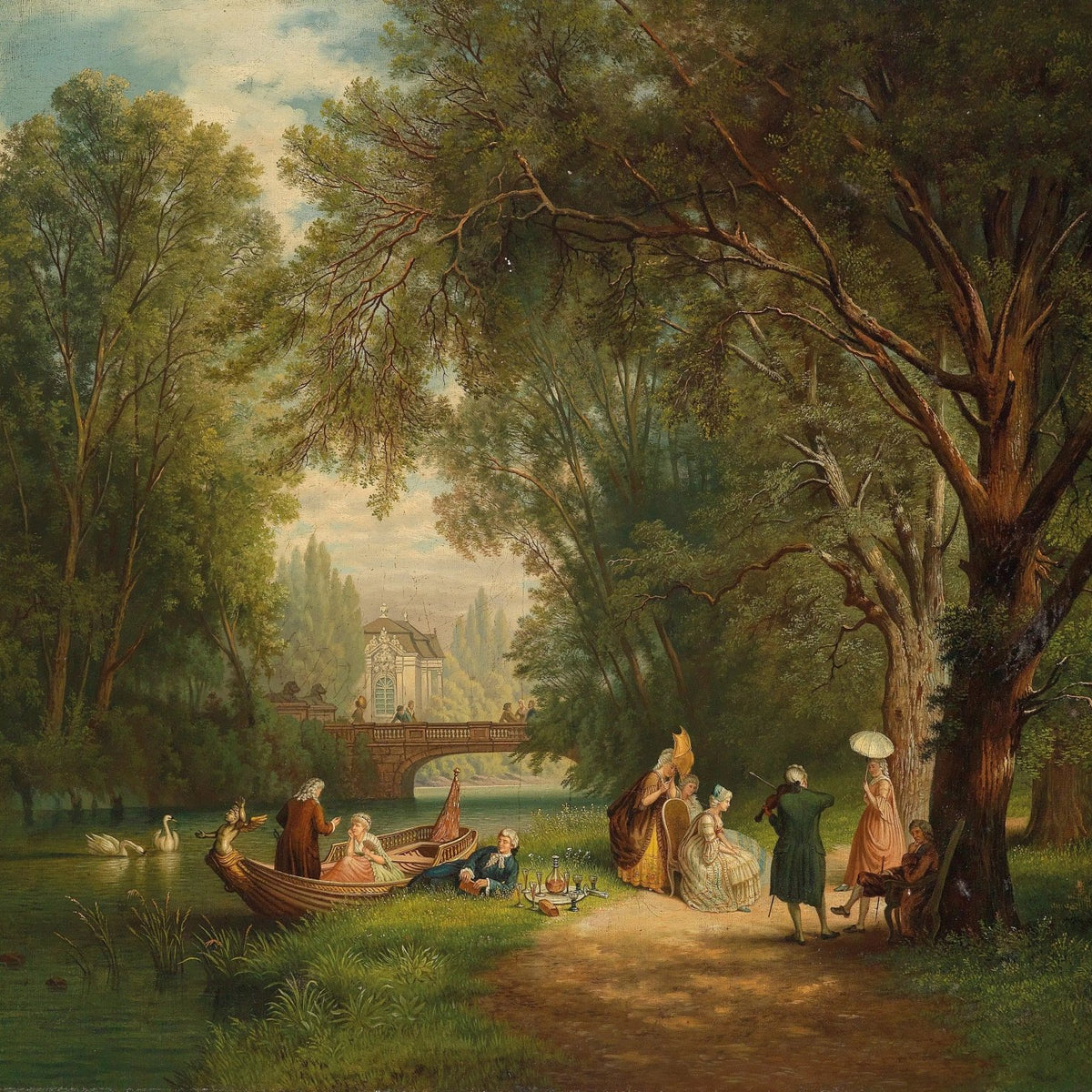 Landscape Oil Painting: Riverside with Figures, Boat & Bridge - Oil Painting Haven