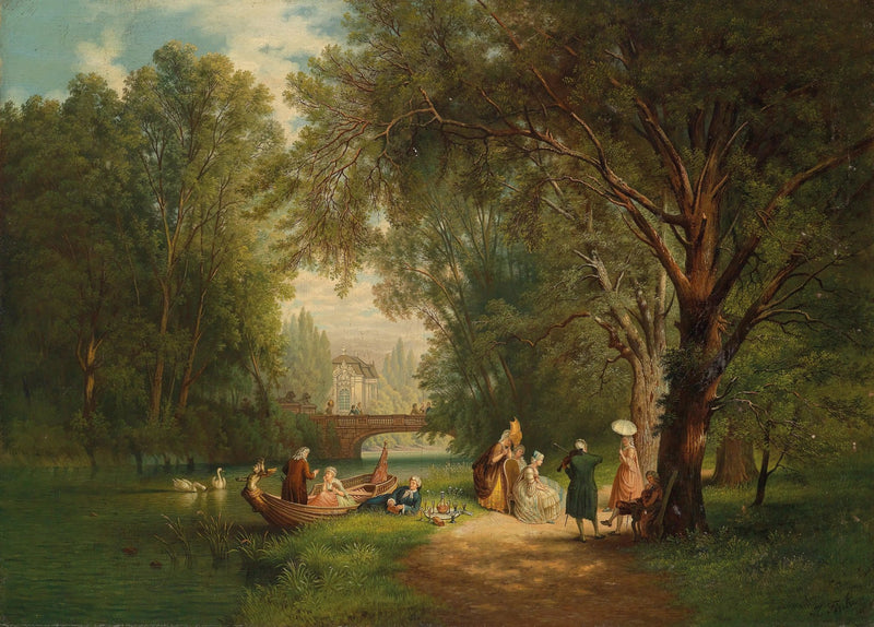 Landscape Oil Painting: Riverside with Figures, Boat & Bridge - Oil Painting Haven