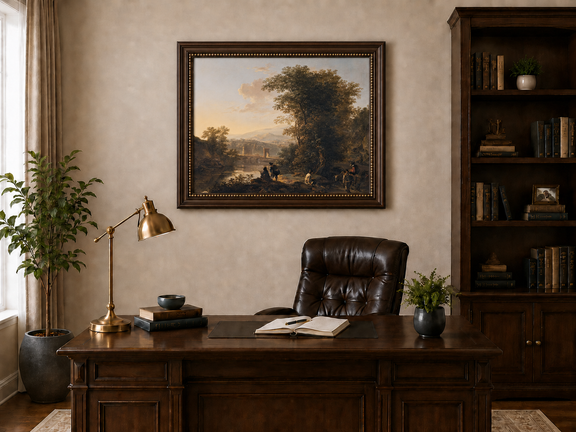 Riverside landscape with figures and bridge oil painting presented in an interior wall art mockup.