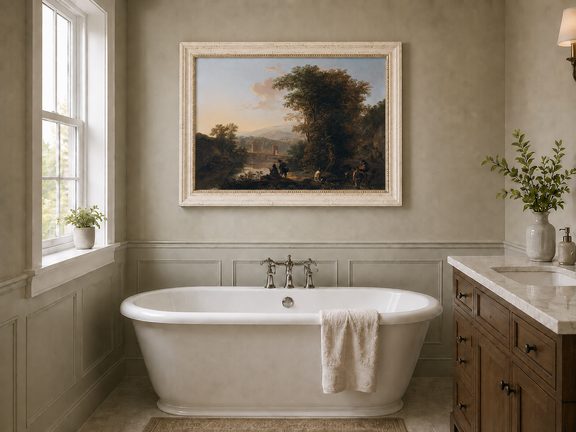 Riverside with figures, bridge and mountains landscape oil painting presented as interior home decor.