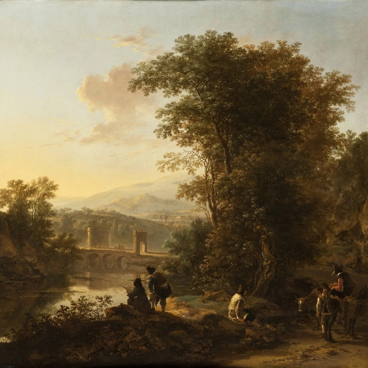 Landscape Oil Painting - Riverside with Figures, Bridge & Mountains - Oil Painting Haven