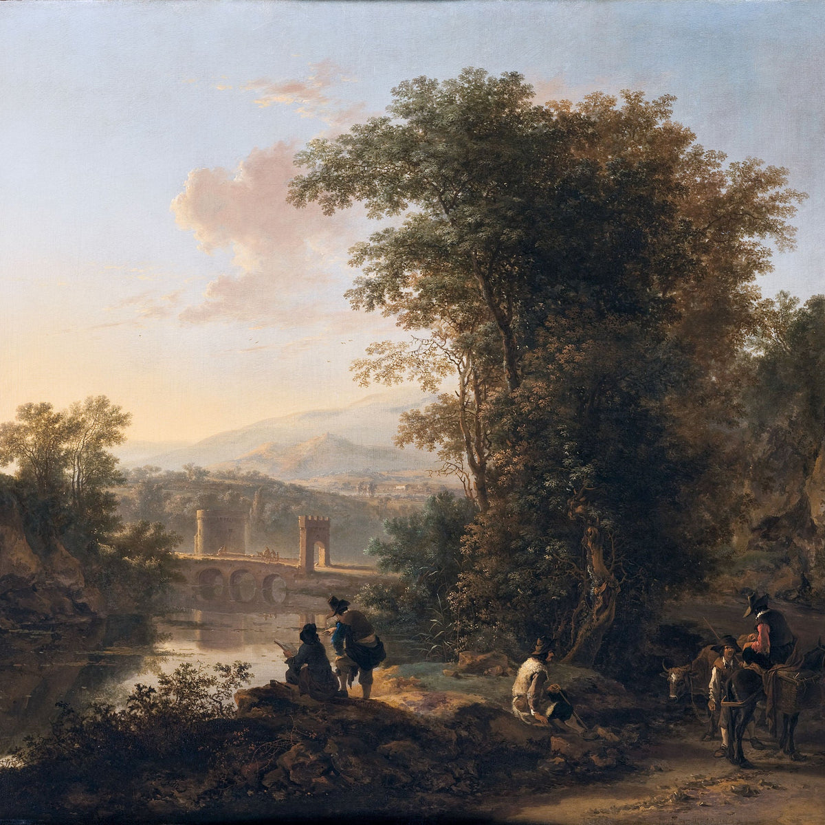 Landscape Oil Painting - Riverside with Figures, Bridge & Mountains - Oil Painting Haven