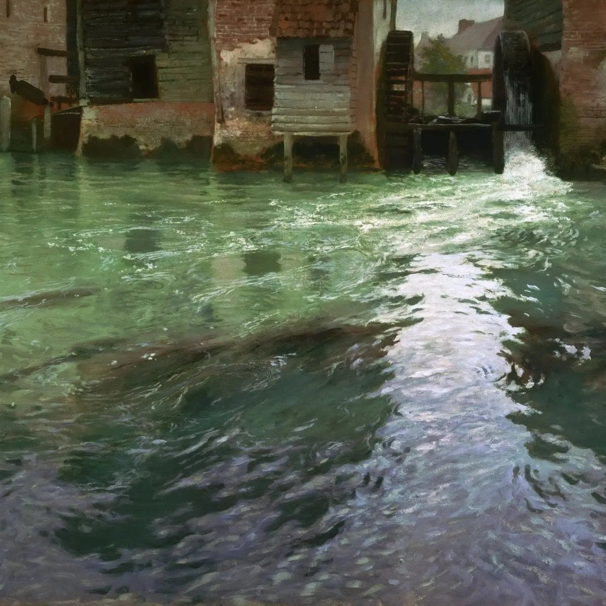 Landscape Oil Painting - Riverside with Watermill and Flowing Water - Oil Painting Haven