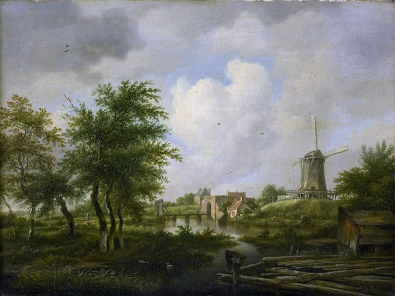 Landscape Oil Painting - Riverside with Windmill and Rural Buildings - Oil Painting Haven