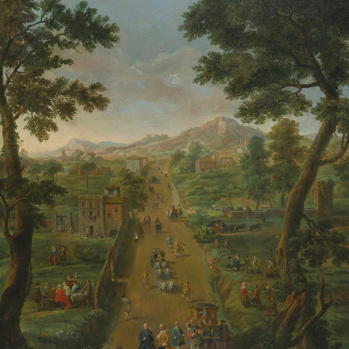 Landscape Oil Painting - Road with Figures, Carriages & Scenery - Oil Painting Haven