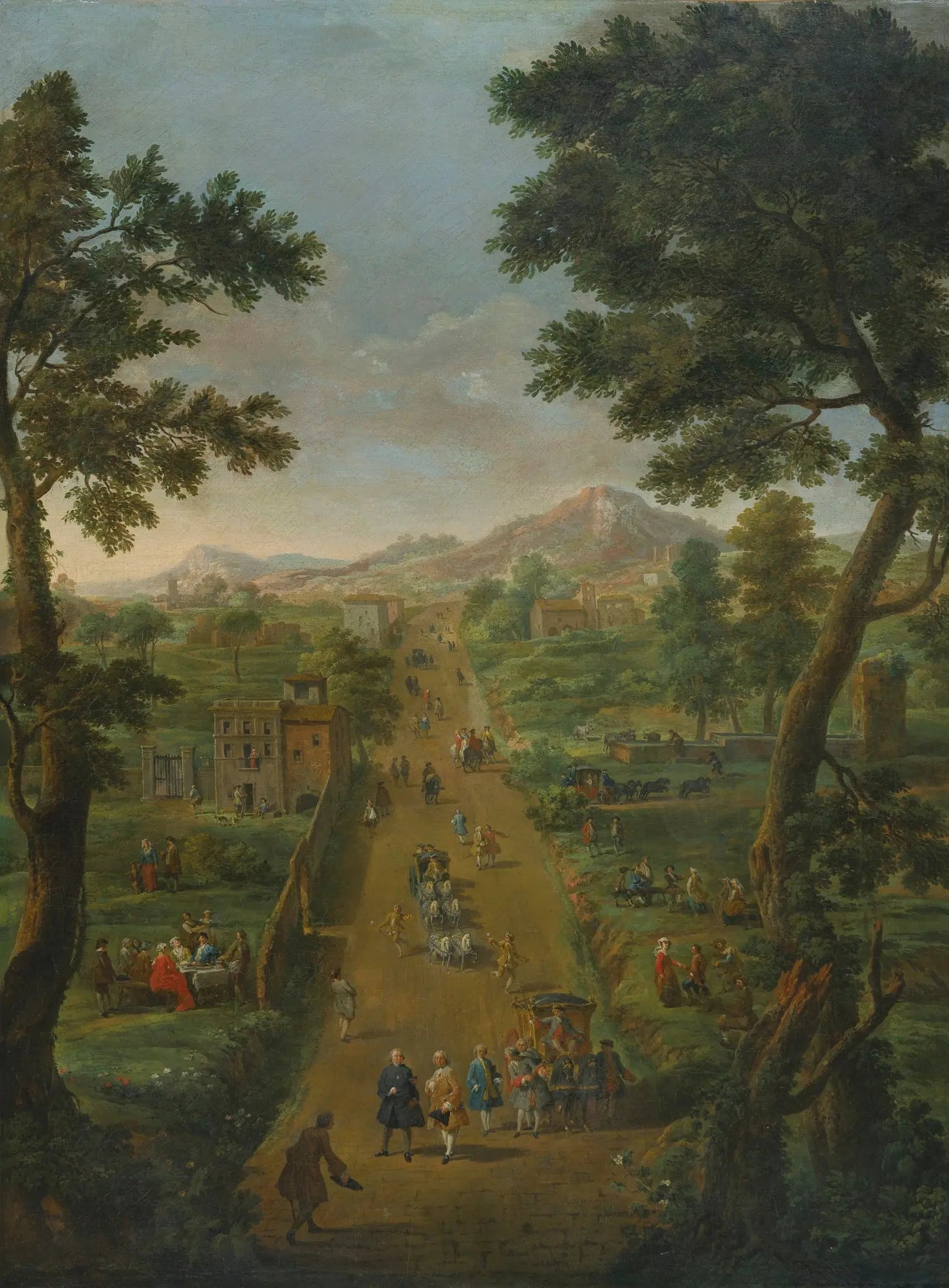 Landscape Oil Painting - Road with Figures, Carriages & Scenery - Oil Painting Haven