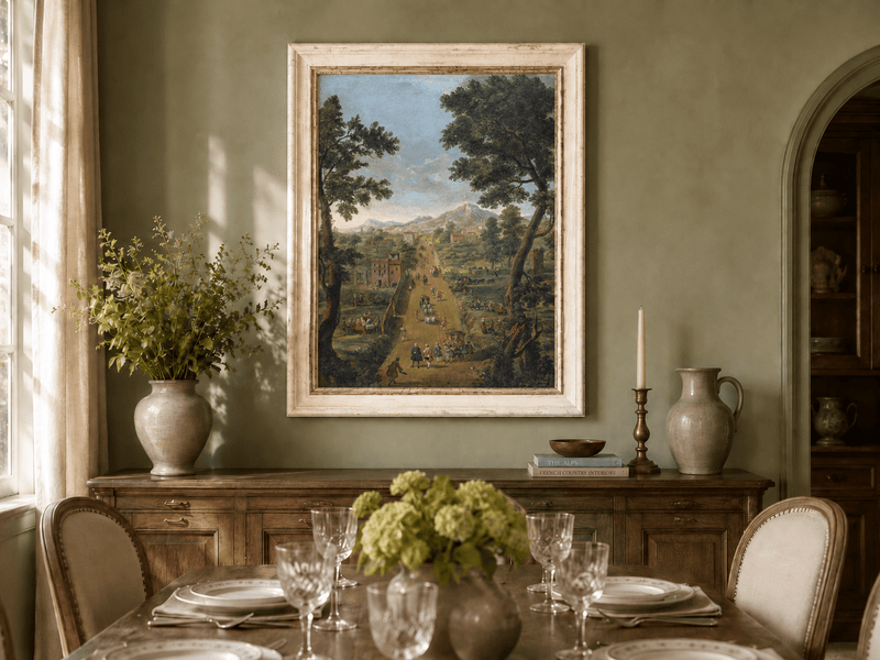 Landscape Oil Painting - Road with Figures, Carriages & Scenery
