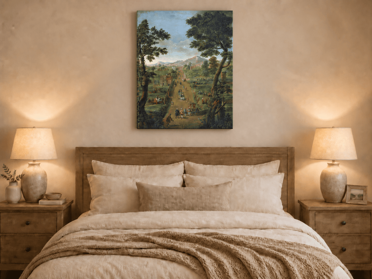 Landscape Oil Painting - Road with Figures, Carriages & Scenery