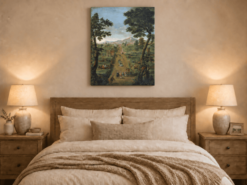 Landscape Oil Painting - Road with Figures, Carriages & Scenery