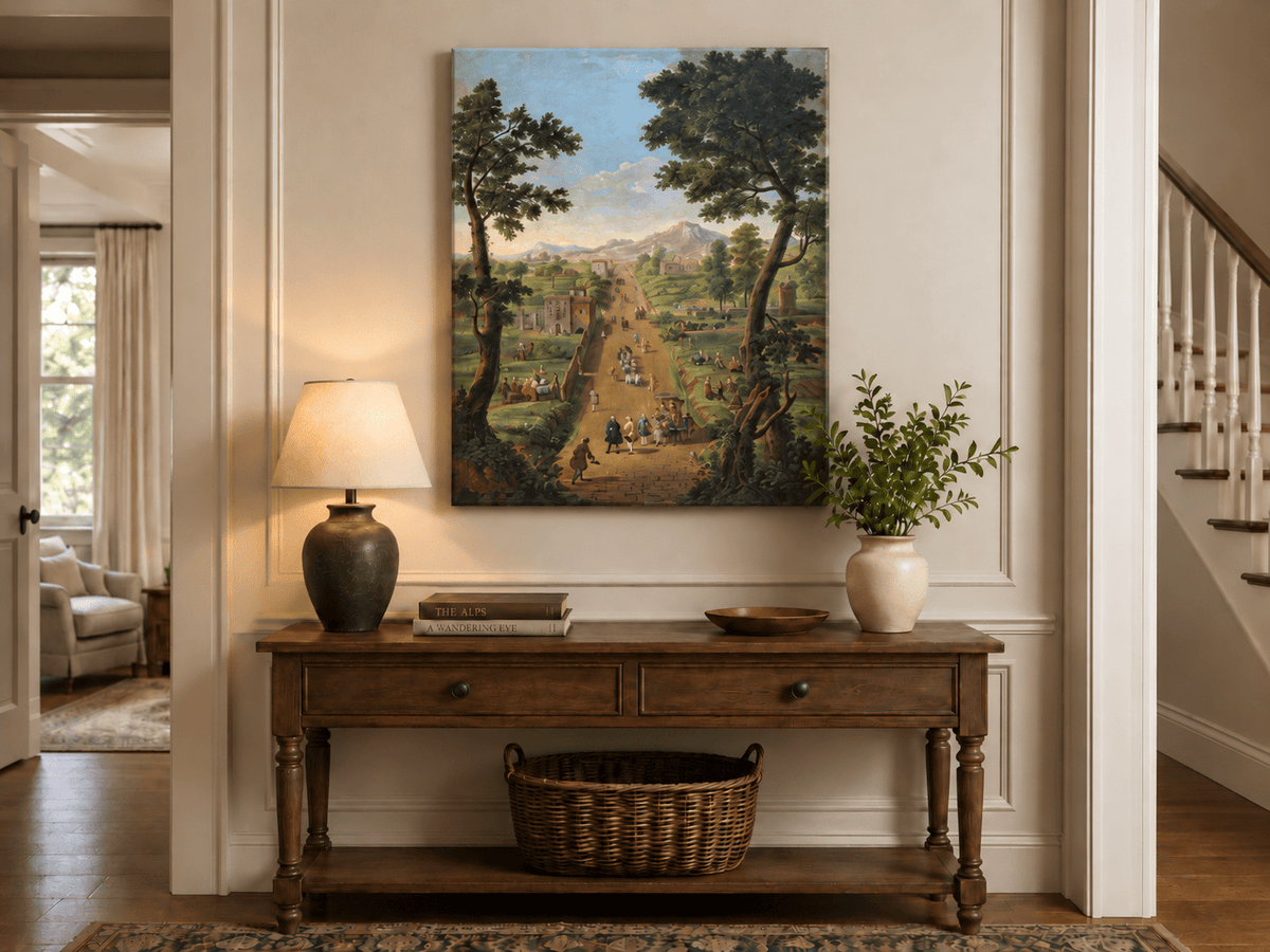 Landscape Oil Painting - Road with Figures, Carriages & Scenery