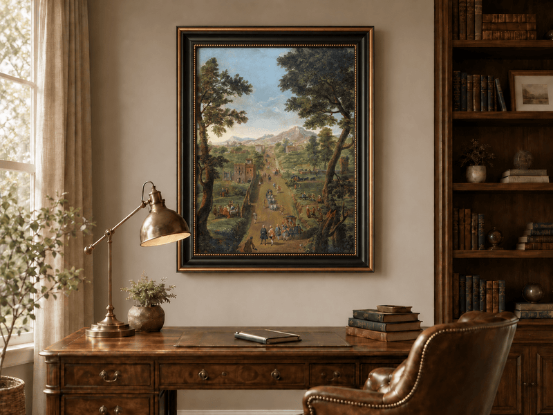 Landscape Oil Painting - Road with Figures, Carriages & Scenery